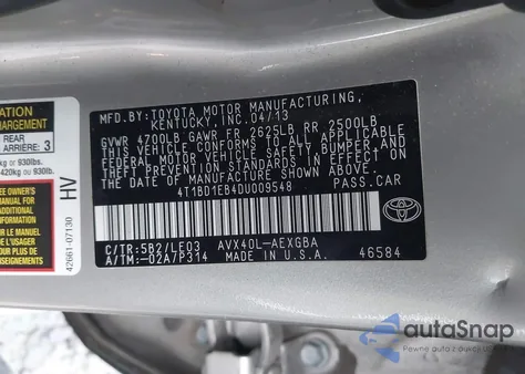 2013 Toyota Avalon Hybrid Xle Touring z USA, uszkodzony, nr VIN 4T1BD1EB4DU009548